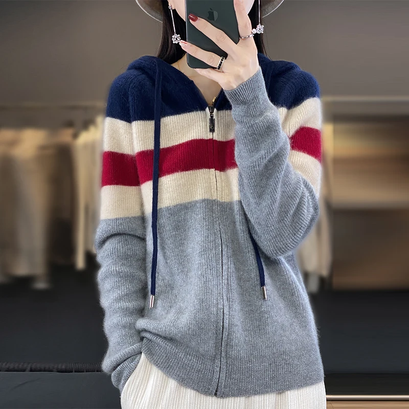 Hoodie Collar Sweatshirt 100% Merino Wool Clothing Autumn Winter Warm Cardigan Fashion Korean Knitted Contrast Sweater Tops