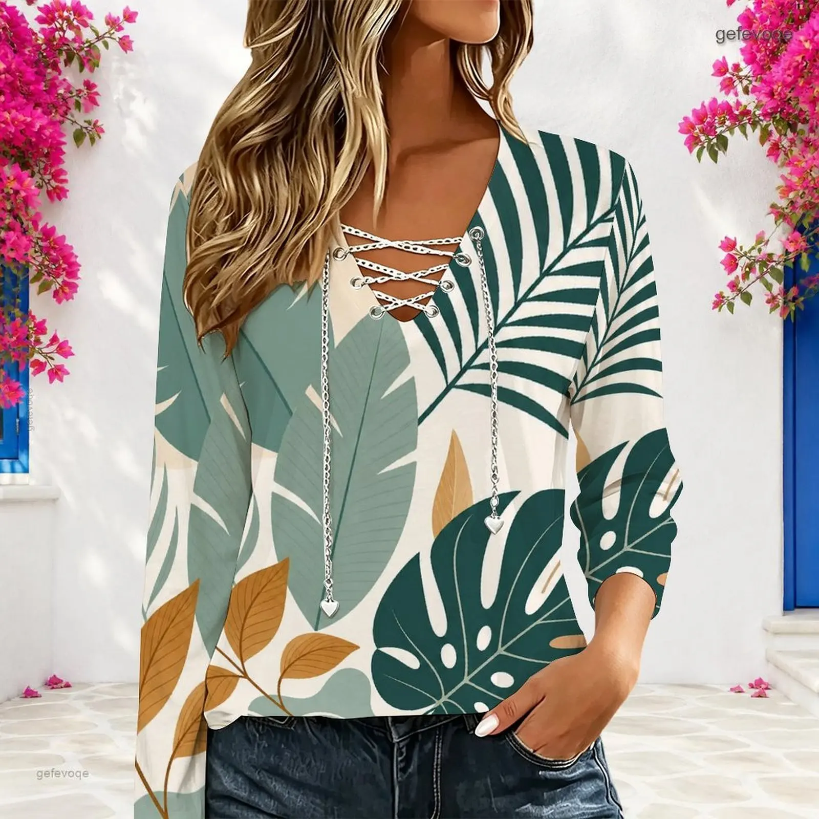 Women Tropical Leaf Printed V Neck Eyelet Chain Lace Up Long Sleeve Top