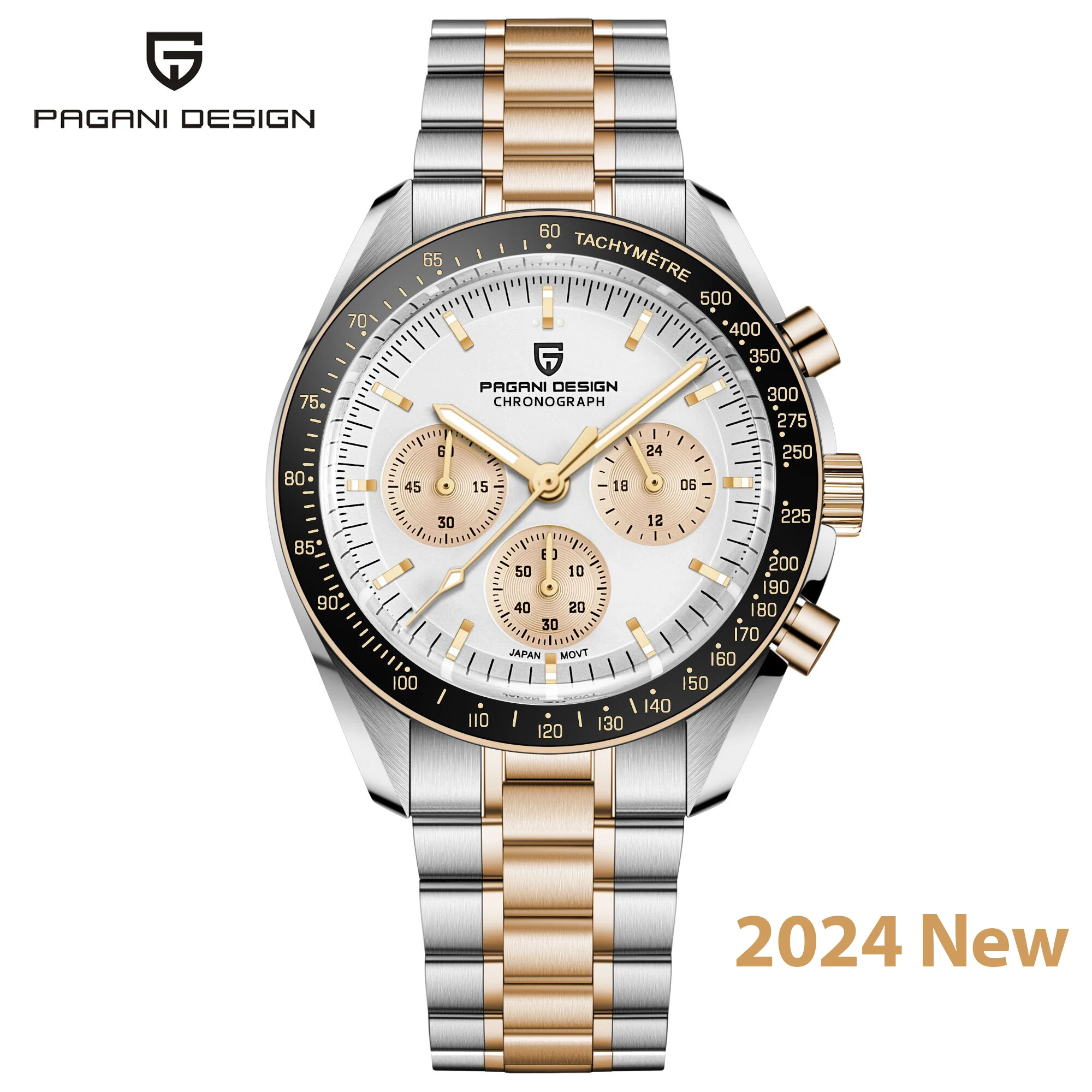 PAGANI DESIGN 2024 New Luxury Gold White Moon Watches Men Quartz Watch For Men Sport Chronograph VK63 Movt Waterproof Wristwatch