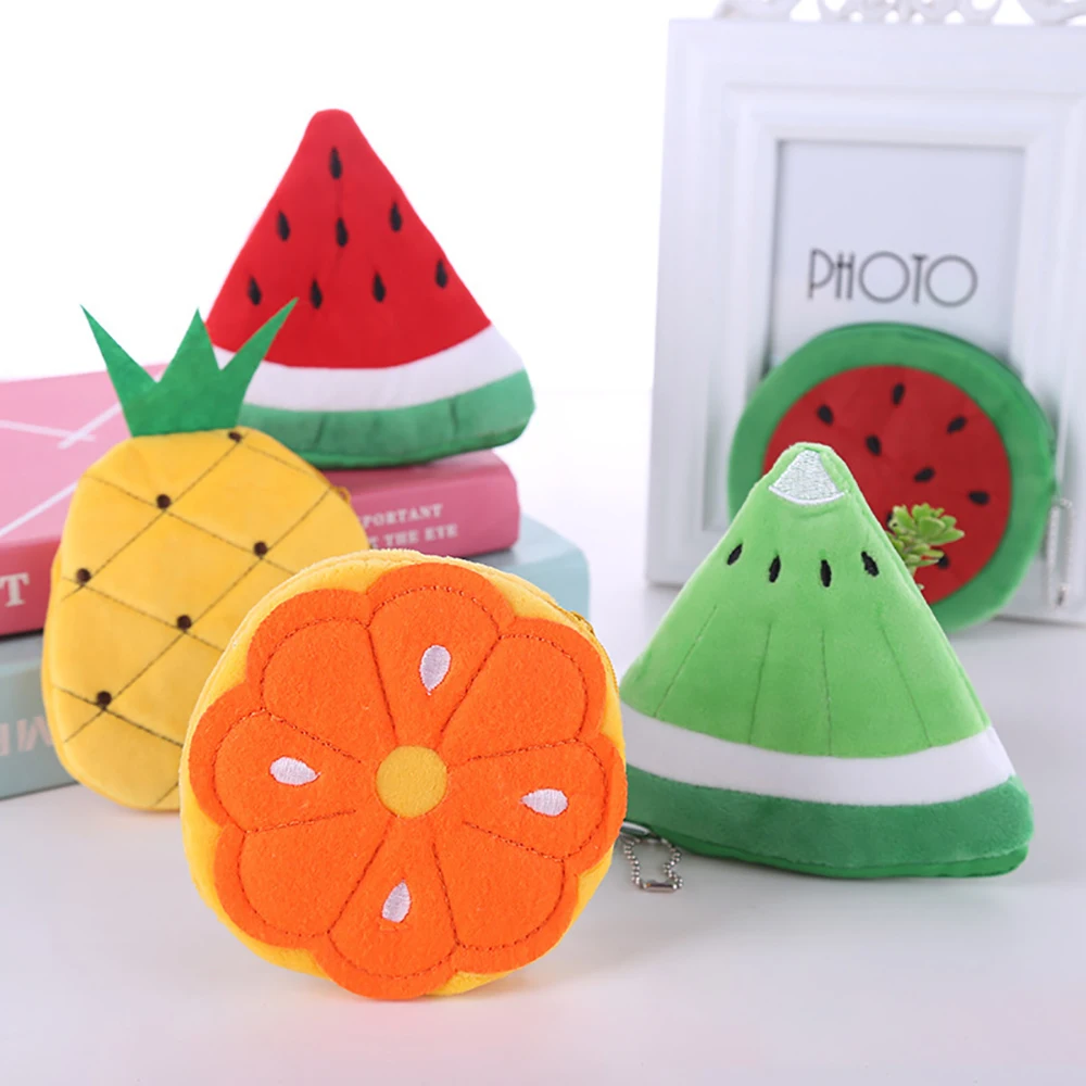 20pcs Short Coin Purse Retro Women Plush Watermelon Strawberry  Multi Storage Bag With ChainMix Color