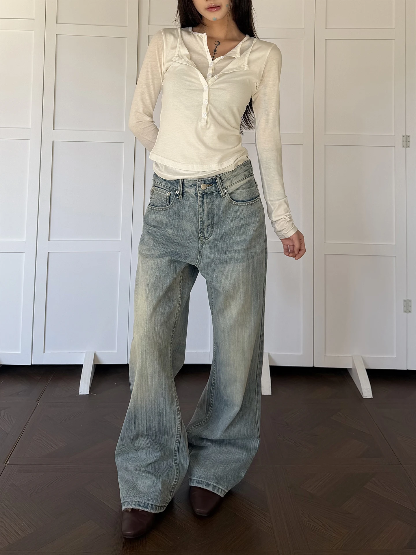 

Don Cry Vintage Knife Pattern Straight Leg Jeans Men Women Casual High Street CleanFit Long Trousers Water Waed Denim Pants