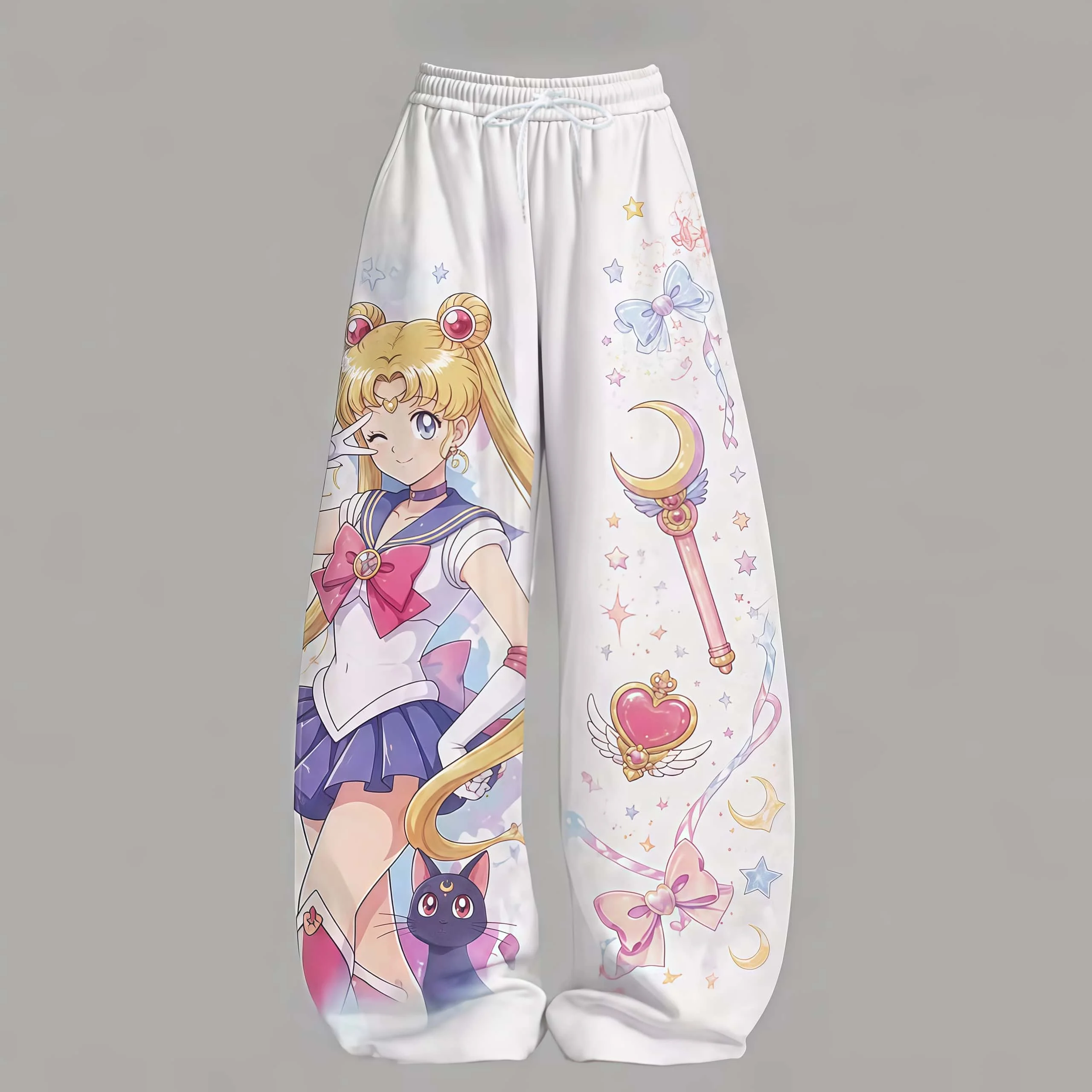 Star Moon Magic Stick Printed Wide Leg Pants Y2K Sweet Cool Drawstring Casual Pants Loose and Versatile Sports Pants