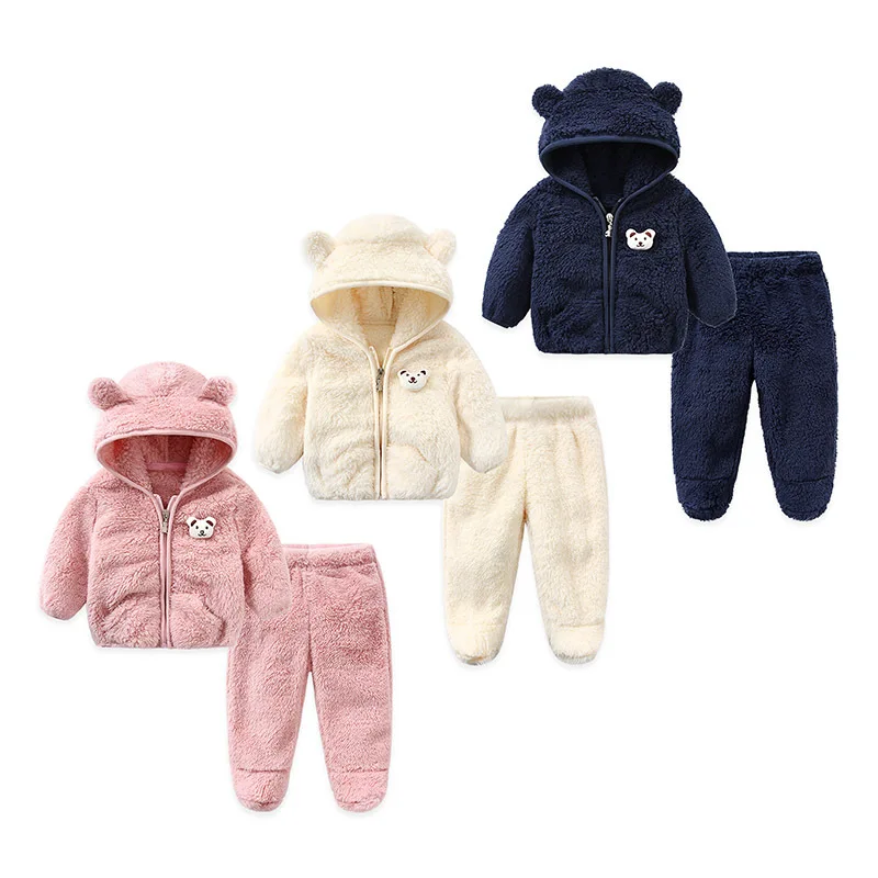 2024 Children\'s Padded Suit Boys Warm Fashion Casual Sets Autumn Winter New Girls Cute Hooded Solid Color 2 Piece 7M-3 Years Old