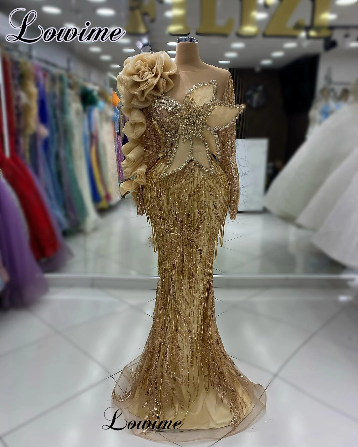 Sheer Neck Gold Beaded Evening Dresses Mermaid Long Sleeves Formal Occasion Dresses Crystals Celebrity Dress Vestidos De Fiesta