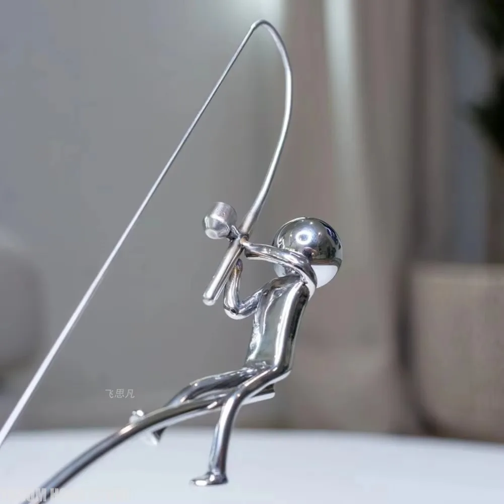 Handmade Dynamic Fishing Sculpture Metal Gift Fisherman Balance Sculpture Desktop Ornament Craft Figurine for Fish Lovers
