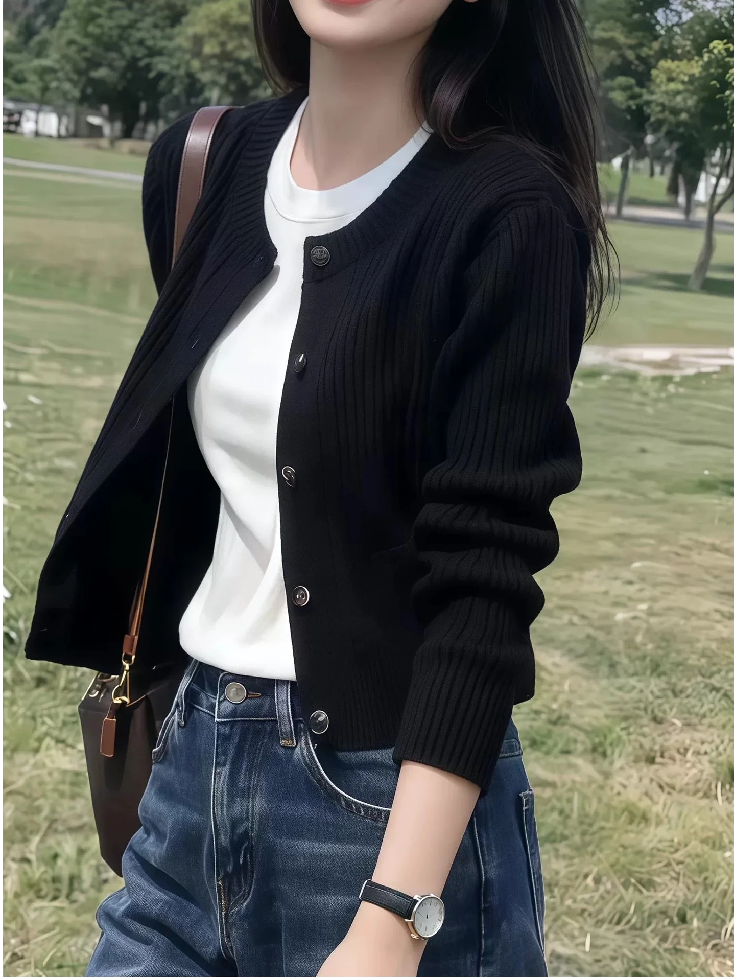 Fashionable Black Knitted Open Cardigan Large Size Beautiful Top Early Autumn Women's Wear Elegant Minimalist Style Loose Fit