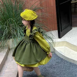 New Countryside Style Dress for Girls Autumn Fashionable Lolita Long Sleeved Dress Suspender Fly Sleeve Apron for Children Suit