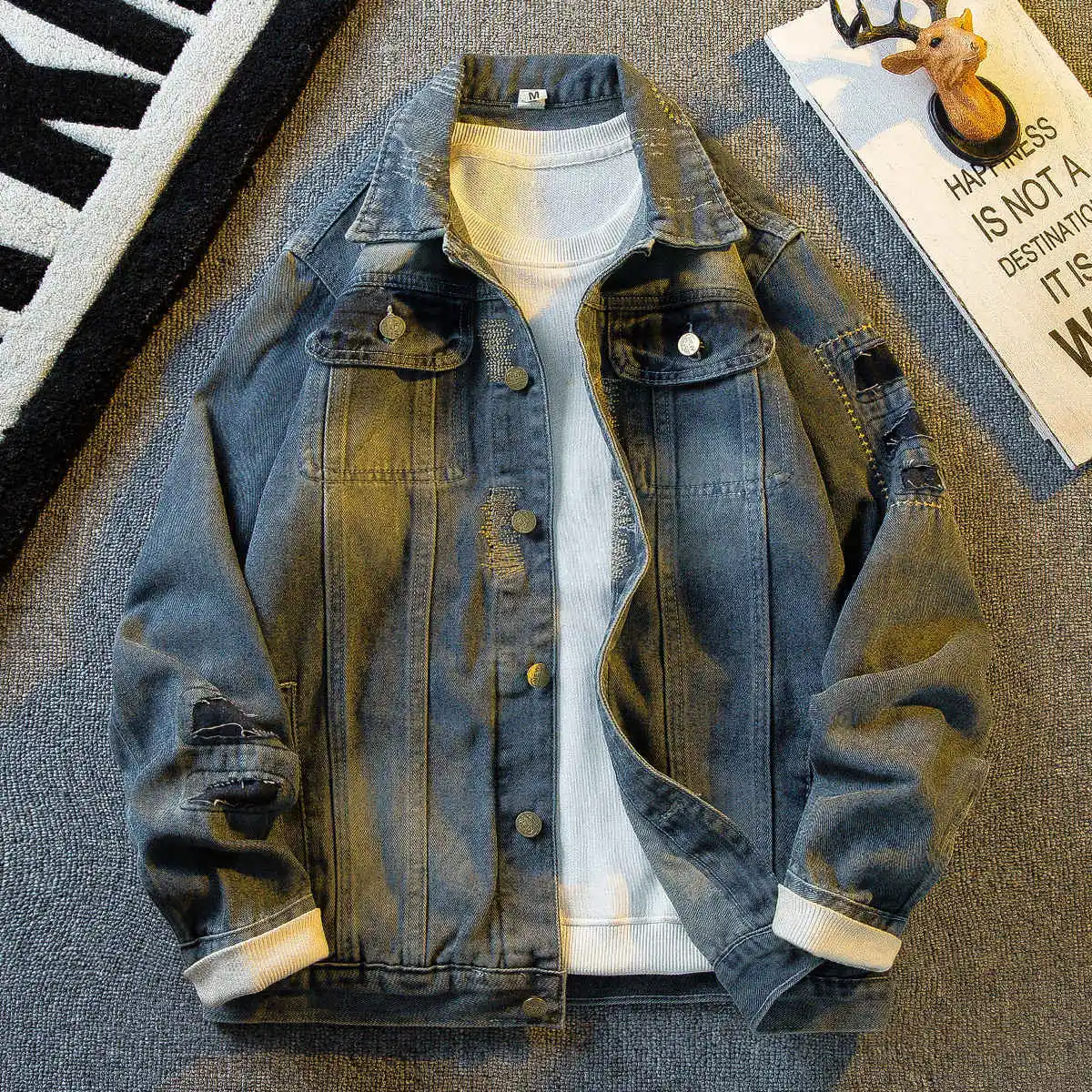 

Men's retro distressed street motorcycle denim jacket men's spring and autumn American trend distressed lapel jacket top