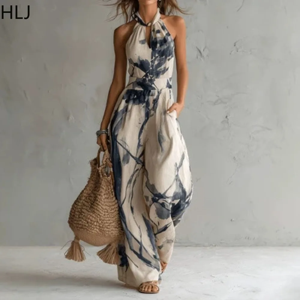 HLJ Sexy Ink Wash Abstract Print Halter Bodycon Jumpsuits for Women Mesh See Through Wide Leg Pants Rompers Streetwear Overalls