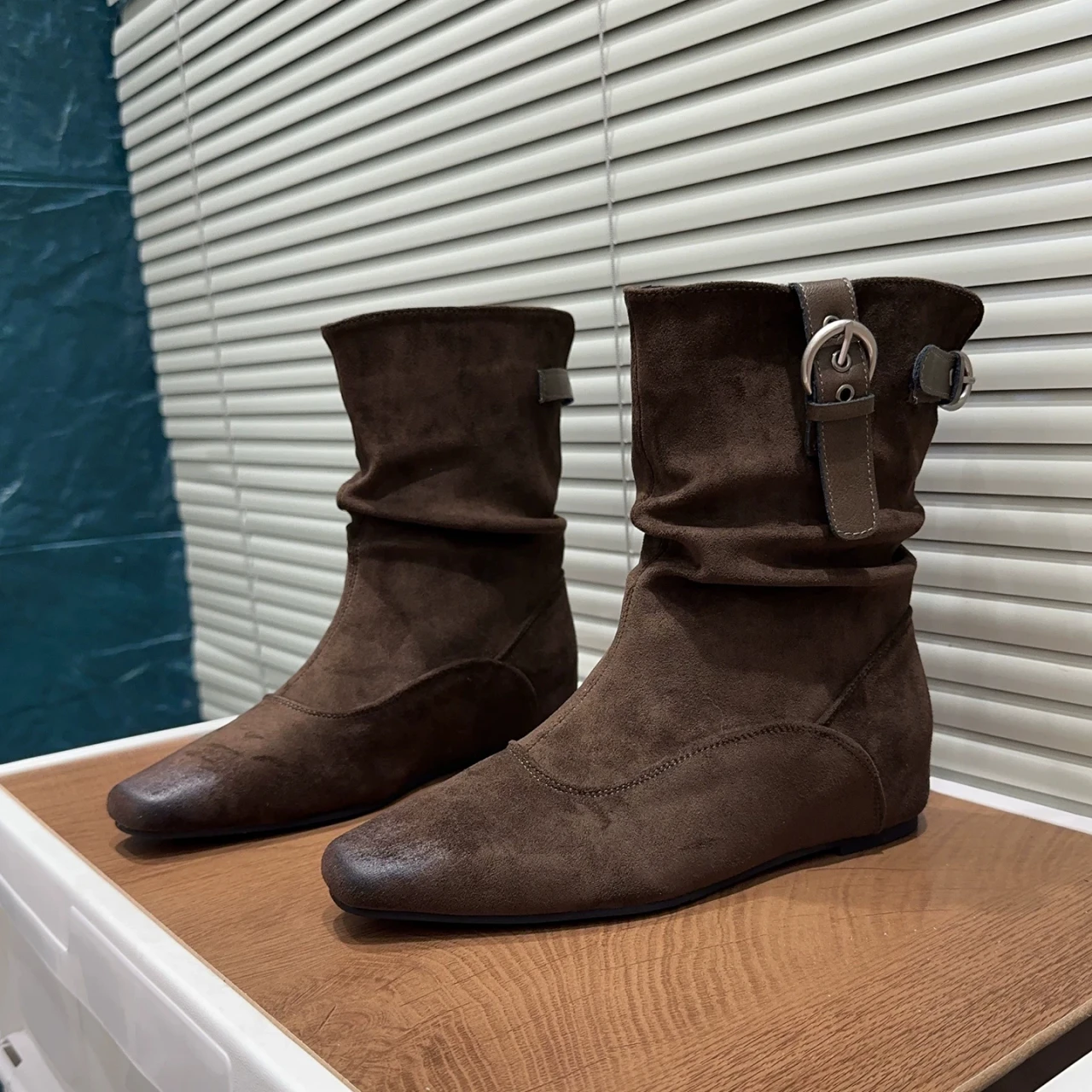 Women Vintage Distressed Faux Suede Slouch Mid Calf Boots Buckle Strap Square Toe Wedge Heel Non Slip Casual Fall Winter Shoes