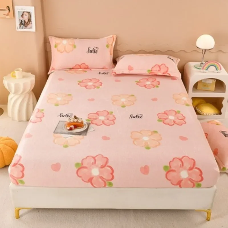 Winter Warm Bed Sheet for Doube Bed Cartoon Style Flannel Fleece Mattress Cover Single/Queen/King Bed Fitted Sheet with Elastic