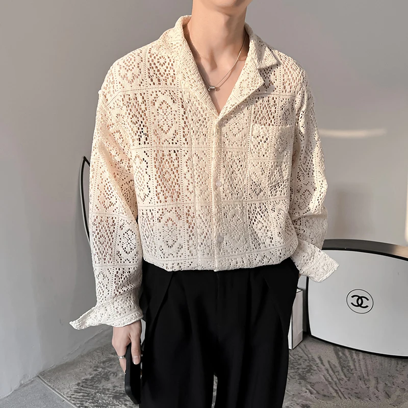 PFHQ Stylish Hollow Out See-through Design Men\'s Loose Long Sleeve Shirts Luxury Elegant High Quality Original Tide Tops 21F2110