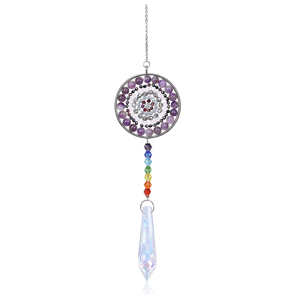 

7 Chakra Crystal Suncatcher Round Crystals Bead Pendant Hanging Prism Drop Sun Catchers for Windows Home Garden Decor ,B