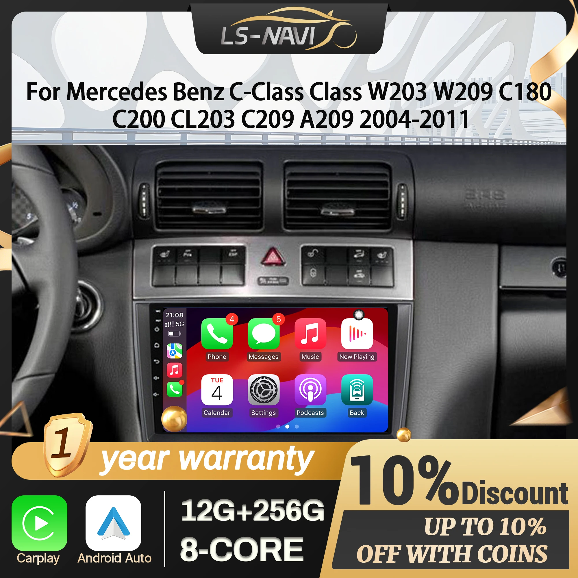 For Mercedes Benz C-Class Class W203 W209 C180 C200 CL203 C209 A209 2004-2011 Android 14 Car Radio Wireless BT CarPlay Screen