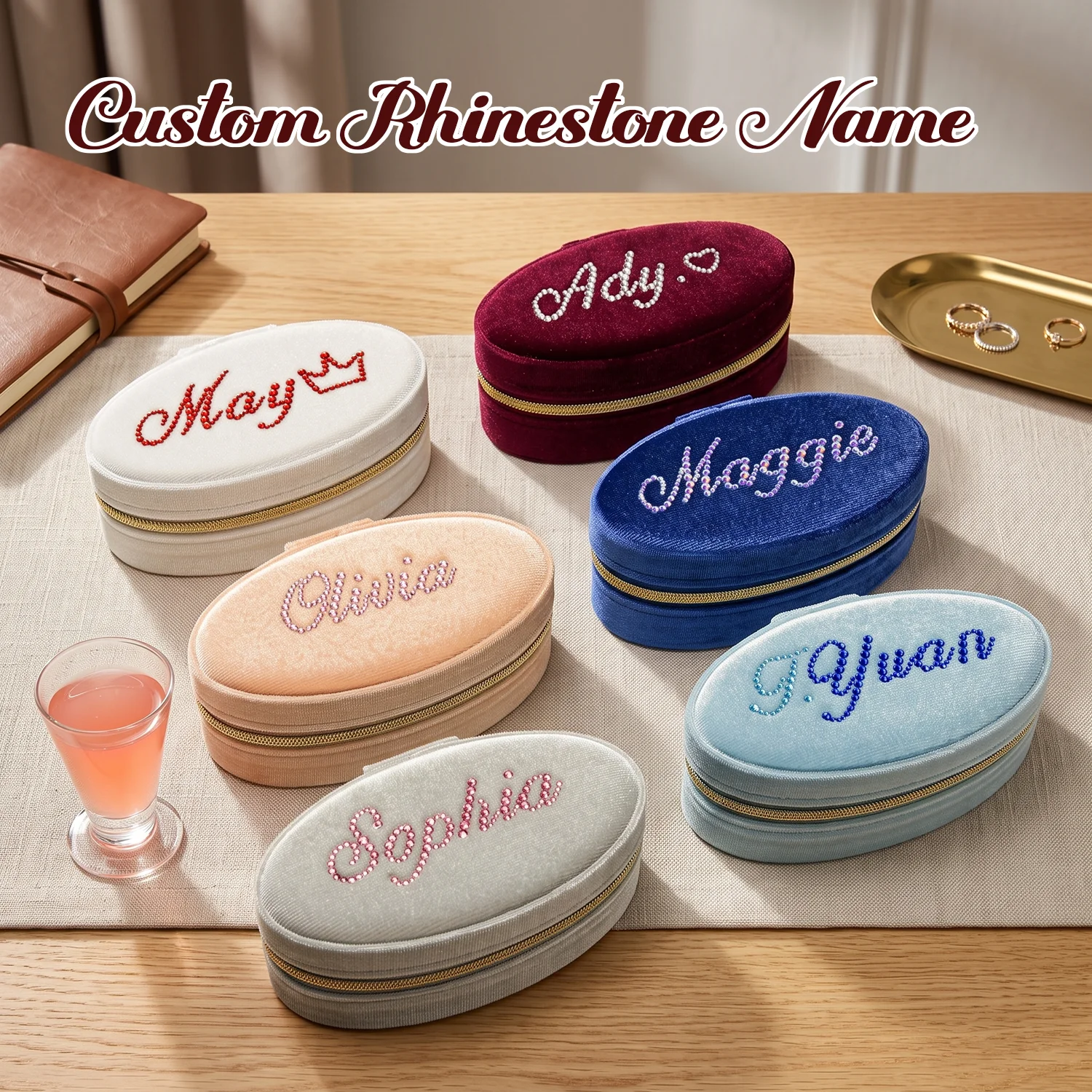 Velvet Jewelry Box Custom Rhinestone Name Travel Pouch Organizer for Women Girls Earrings Rings Necklace Storage Gift