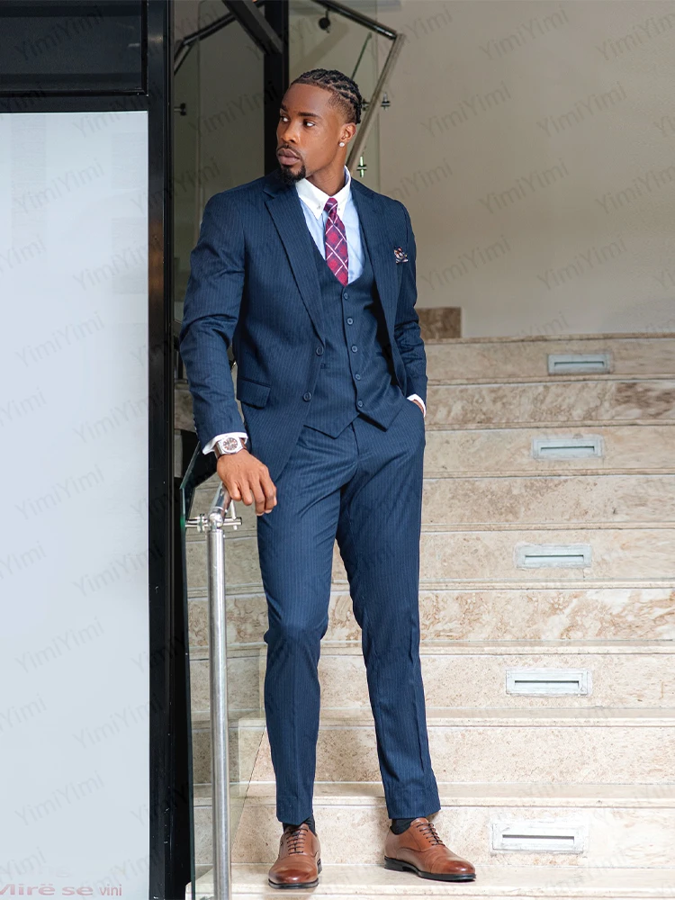 معطف رجالي 3 قطع محززة التلبيب واحدة الصدر مساء البدلة مقلمة الزفاف العريس سترة حفلة موسيقية السترة مجموعة مكتب مخصص