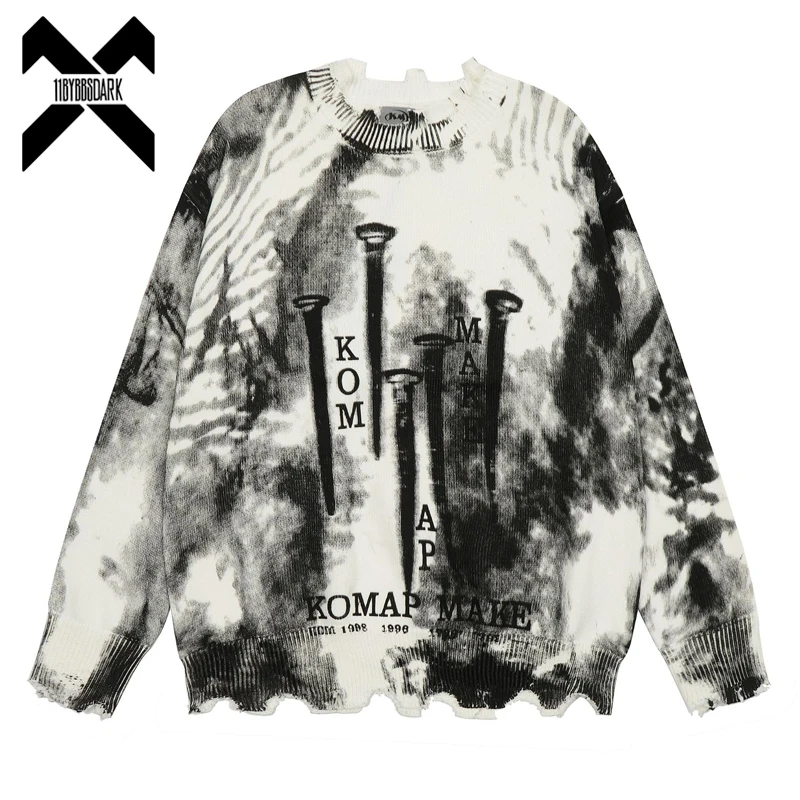 

2024 Hip Hop Knitted Sweater Streetwear Creative Graphic Tie Dye Distressed Ripped Pullover Men Harajuku Casual Sweater Unisex