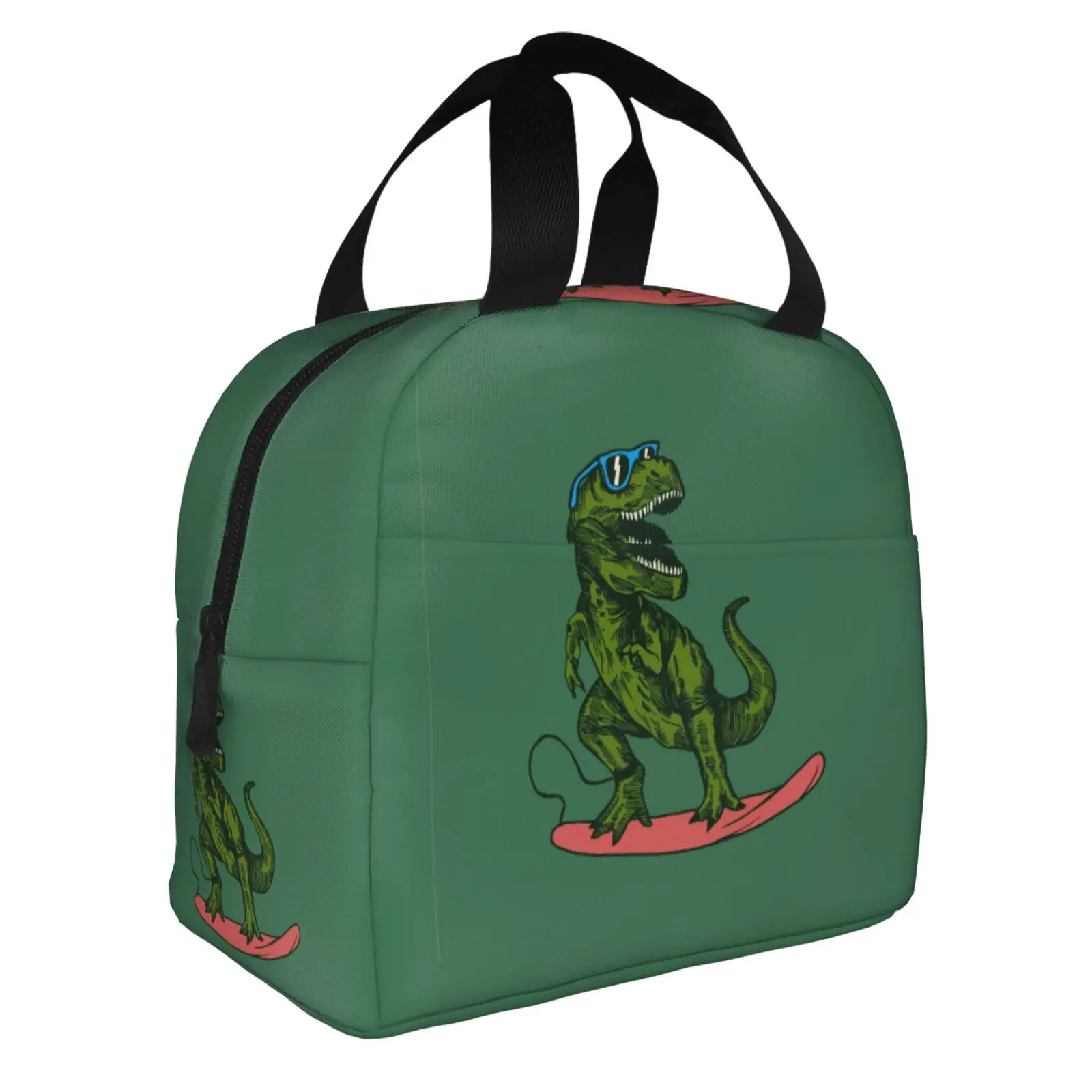 Green Cartoon Skateboard Dinosaur Print Lunch Tote Bag Insulated Leakproof Lunch Box Container with Front Pocket for Girls Boys