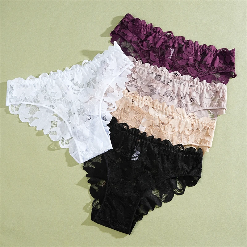 FINETOO 2 Stück Damen-Unterwäsche aus Satin mit Blumenspitze, sexy, aushöhlen, Höschen, solide, niedrige Taille, perspektivische Slips, Mädchen, weiche Dessous – Detail 9