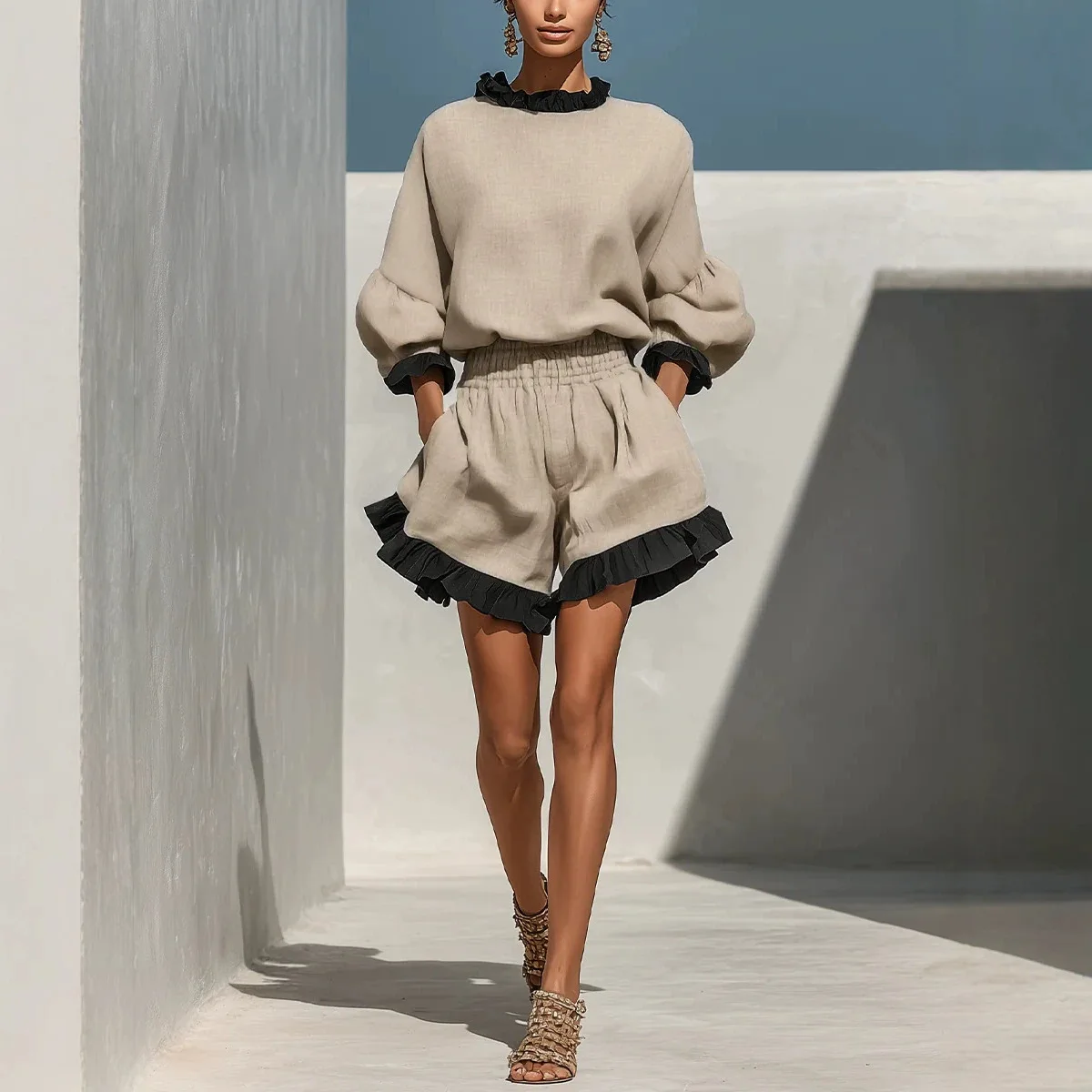 Elegant Women Autumn Vacation Casual Wear Bohemian Style Paired With Oversized Fluffy Sleeve Top High Waisted Pleated Shorts Set