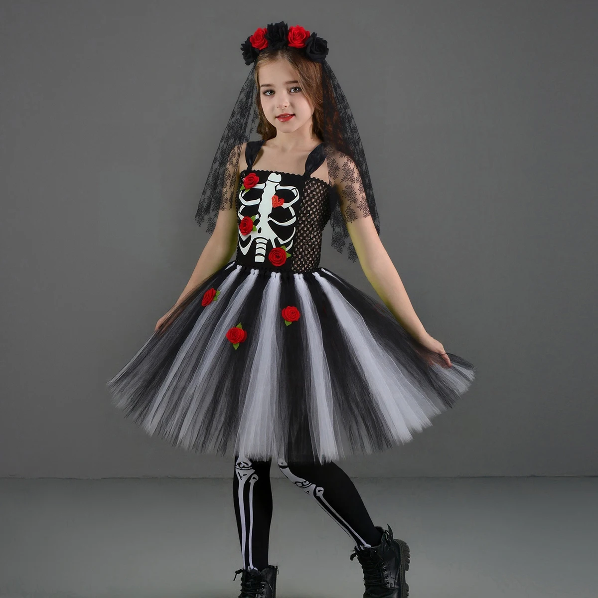 Girls Scary Skeleton Halloween Costume for Kids Zombie Corpse Bride Tutu Dress Children Day of The Dead Rose Bone Ghost Dress Up
