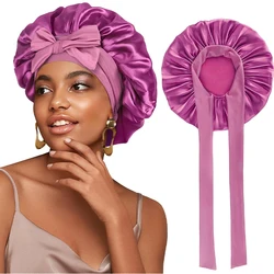 New Silky Bonnet With Elastic Tie Band Hair Bonnet For Sleeping Shower Cap Reusable Adjusting Hair Care Wrap Cap Sleep Caps