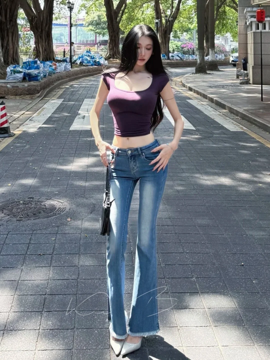 American Hot Girl Style Bell Bottom Jeans Women Slimming Hip Enhancing Long Pants Seamless Frayed High Waist Stretch Denim