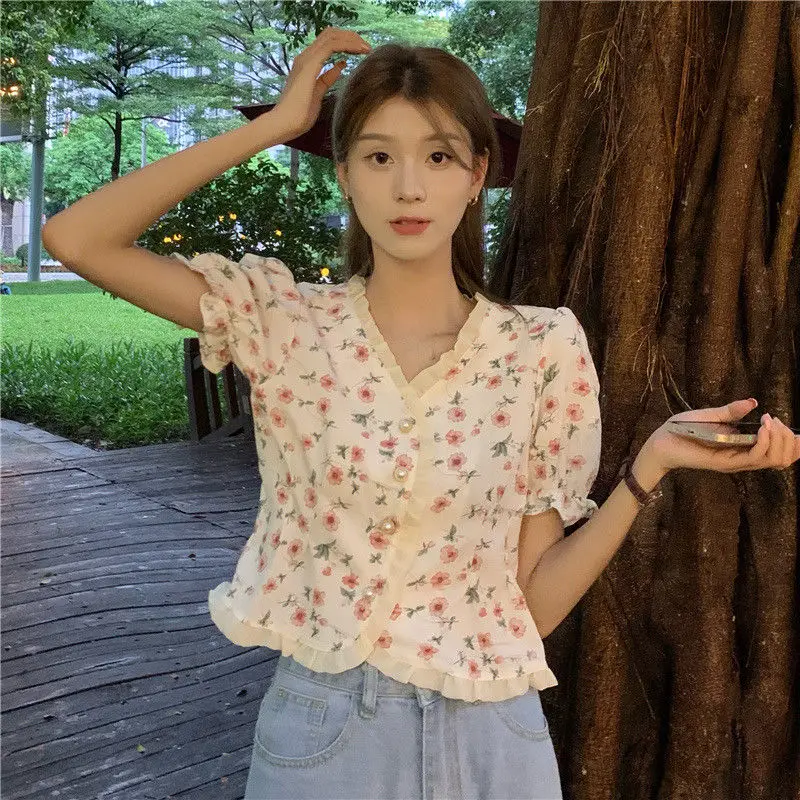 Shirts Women Floral V-neck Thin Sweet French Style Summer Simple Popular All-match Chic Mujer Students Ins Girlish Ulzzang Cute