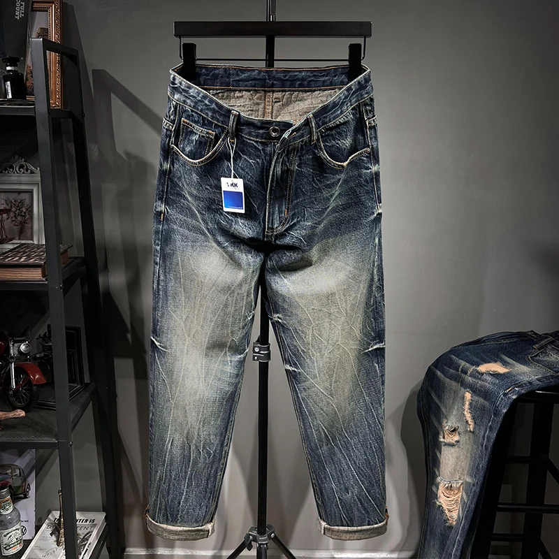 100％ Cotton Plus Size 46 48 Men Oversized Straight Harem Jeans Distressed Classic Dark Blue Denim Pants Fashion Male Trousers