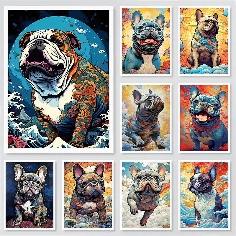 The French Bulldogs Vintage Poster Canvas Prints Ukiyoe Bulldogs Wall Art Decor Aesthetic Prints Dog Home Room Wall Decoration