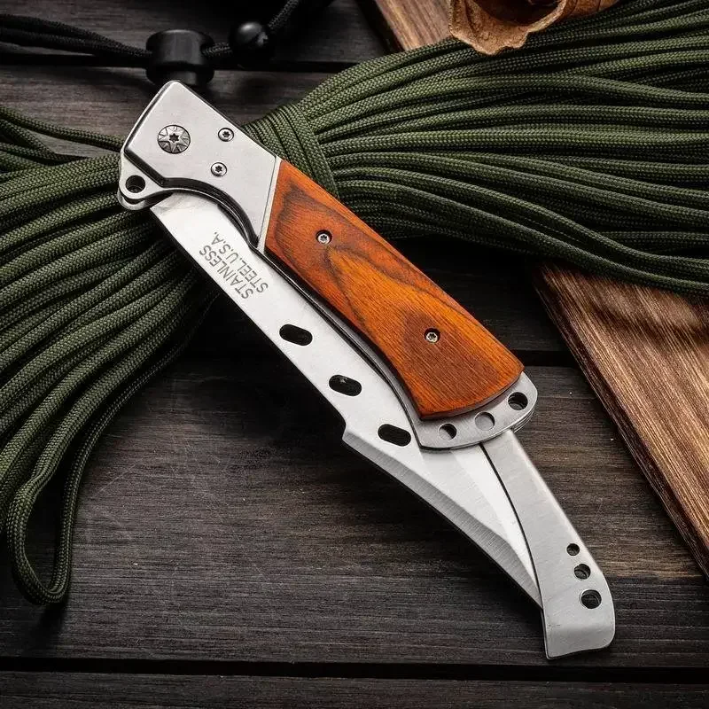 440C Outdoor folding knife, 420 steel inset colored wood handle, camping Survival Tactics Hunting self-defense multi-purpose EDC