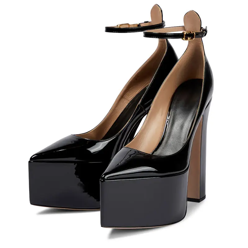 

Women's new pointy waterproof platform super-high thick heel shallow slotted with patent leather Mary Jane single shoes