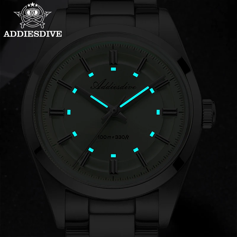 ADDIESDIVE Новые женские часы 36 мм Япония VH31 Кварцевые наручные часы для дайвинга 100 м Водонепроницаемые часы из куполообразного стекла Светящиеся часы из нержавеющей стали