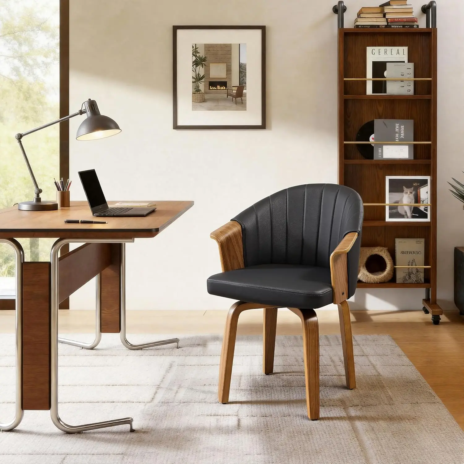 Faux Leather Swivel Desk Chair Armless No Wheels, Ergonomic Office Home Task Chair Matte Black, Customized