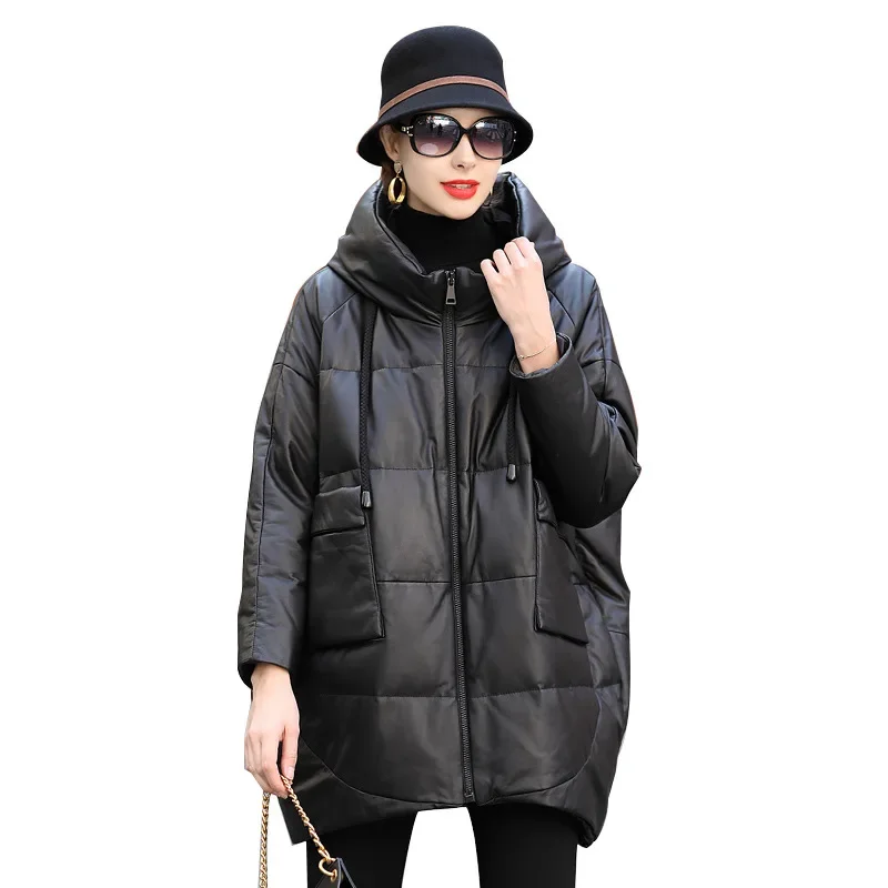 Tajeyane-Chaqueta de piel de oveja para Mujer, Plumífero de cuero con capucha, de longitud media, color negro, para oficina, zm381, 100%