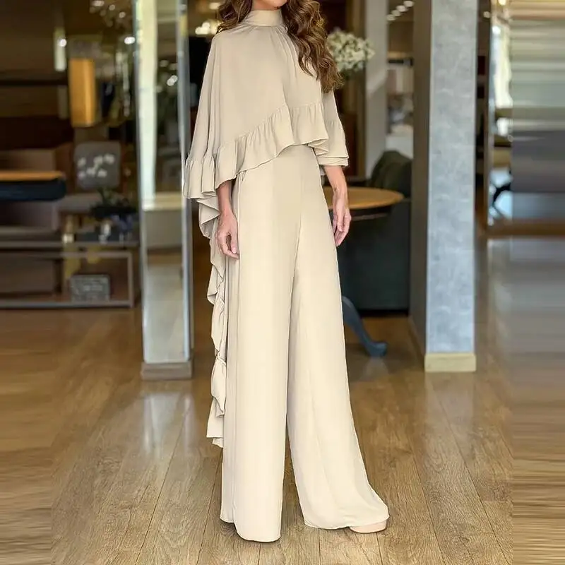 

Women Casual Cape Sleeve Solid Piece Sets Elegant Ruffled Commuting Outfits Fashion Half High Collar Blouse Long Pant Suits