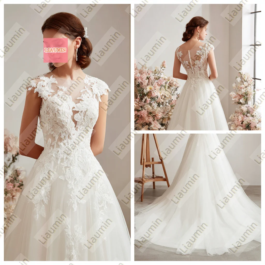 

Ivory Tulle With Lace Applique Cap Shoulder Wedding Formal Prom Dresses Bridal A Line Floor Length Customized Hand Made W19-29.9
