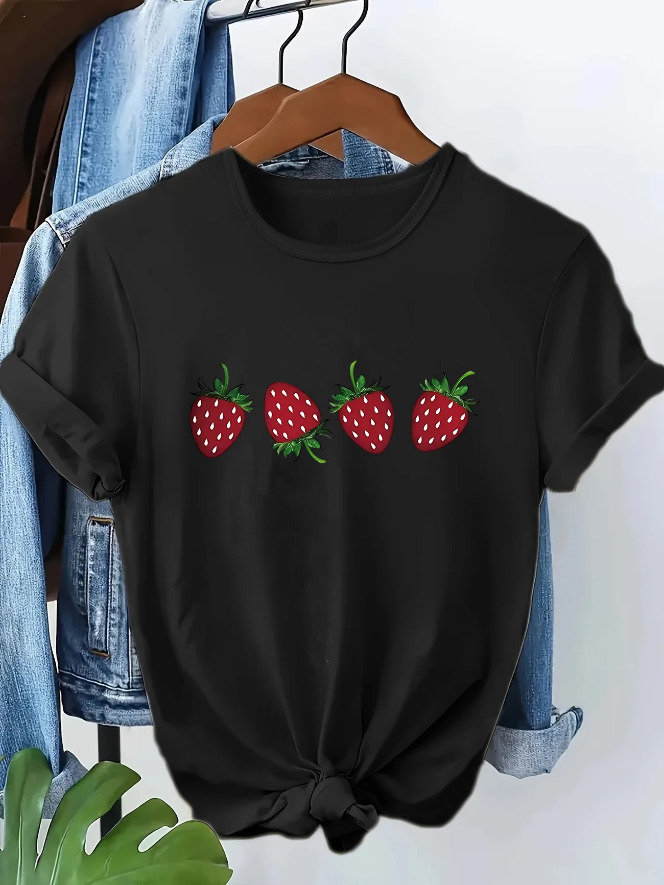 Sweet Fashion Strawberry Print Short Sleeve T Shirt Women Round Neck Women's Casual Summer Breathable T-shirt