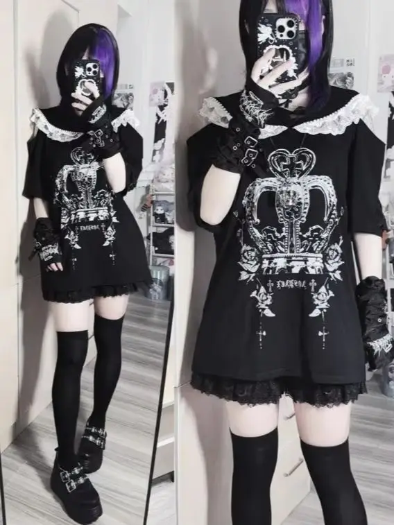 Original Gothic Crown Print Beading Sailor Collar Black Purple Off Shoulder Short Sleeve T-shirt Y2k Student Female Tee Tops