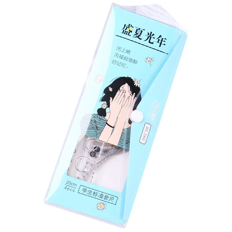 Straight Triangle Ruler, Protractor, 4pcs/set, School Office Supplies, Student Stationery, Drafting Drawing, Kawaii Cartoon