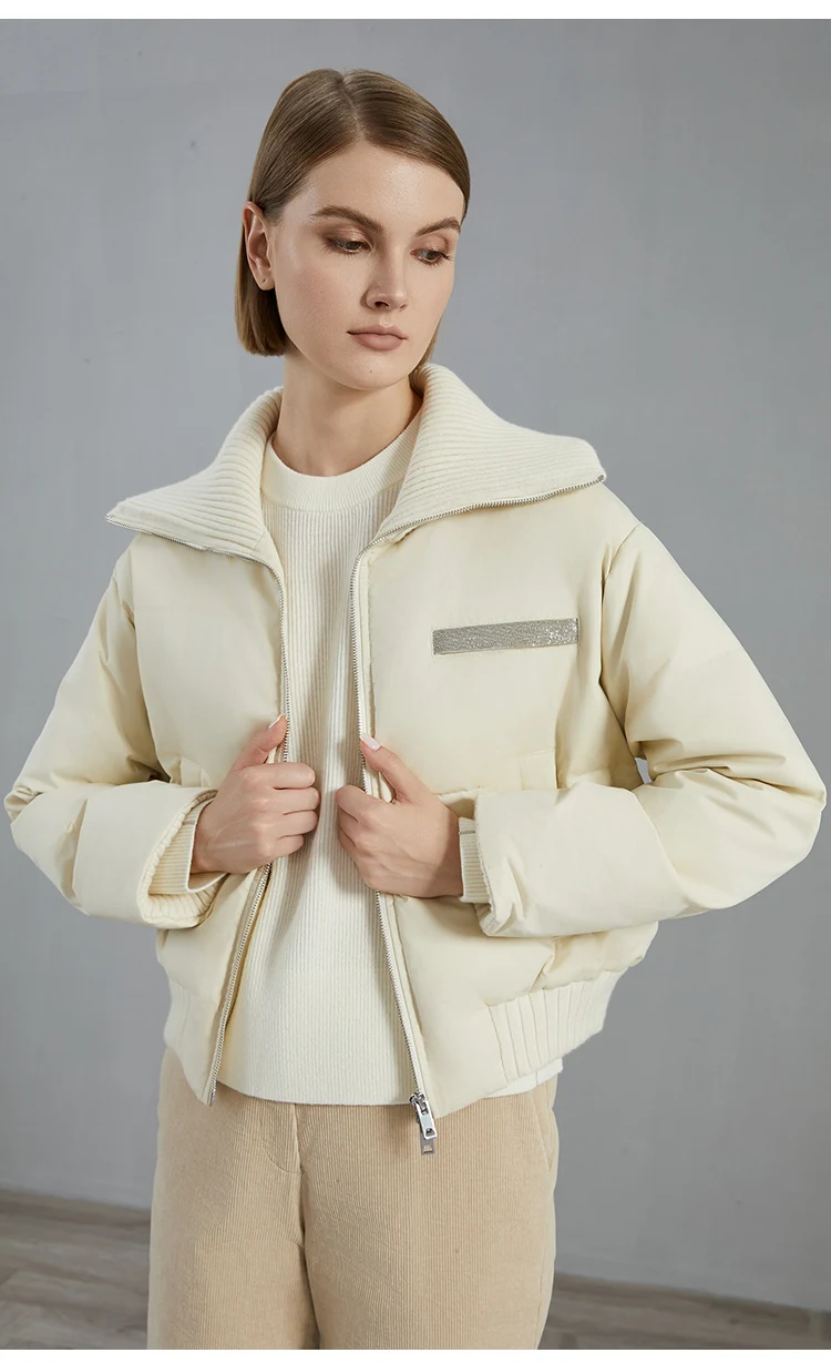 BC835 Weiße Gänsedaunenjacke mit großem Revers, warm, mit Reißverschluss, langärmelig, 100% Kaschmir, warmer Mantel – Detail 9