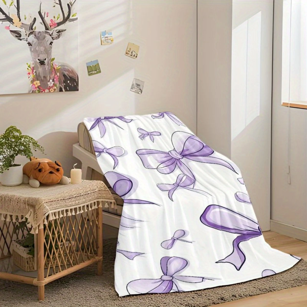 Selimut Flanel Pola Busur Ungu - Tempat Tidur, Sofa, Kantor, Perjalanan, Hadiah, Dekorasi, Nyaman dan Hangat, Natal