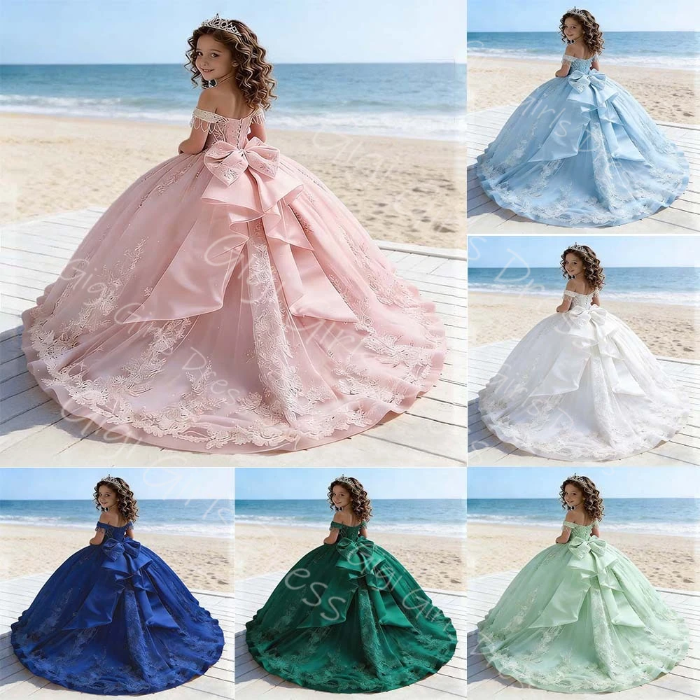 

Princess Flower Girl Dress Off Shoulder Lace Tulle First Communion Dress with Bow/Tassel Kids Clothing Custom Wedding Party Gown