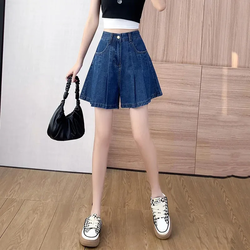 2024 Summer New Plus Size Denim Shorts Casual High Waist A-Line Loose Wide Leg Pants Simple Female Jeans Oversized Women Clothes