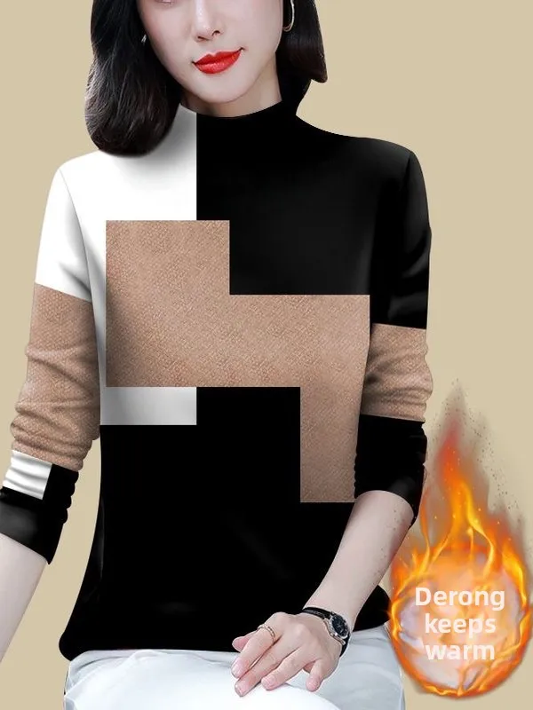 

Warm Thermal Long Sleeve Half High Collar Mommy Style Fashionable Top for Middle-Aged Women Polyester Fiber Geometric Pattern