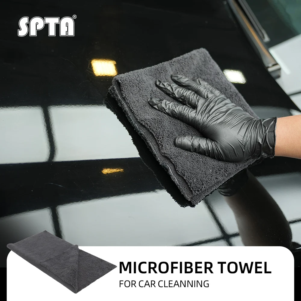 SPTA 1Pc Black Edgeless Auto Detailing Towel 320GSM All Purpose Dual-Pile Microfiber Cleaning Cloth for Car Wash