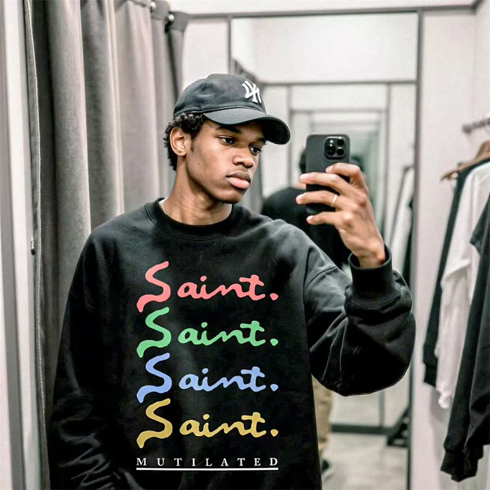 Full Colorful Letters Logo Saint Long Sleeved T Shirt Men Women Best Quality Loose Black T-Shirt Tee Tags
