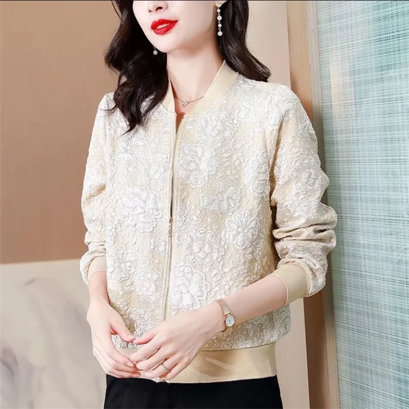 

Short Women Jackets Jacquard Coats Spring Autumn Outwear Loose Baseball Jacket Thin Coat Tops Zipper Stand Collar Female Jacket