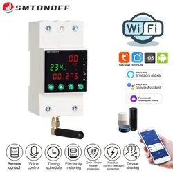 Tuya WiFi Single Phase 2P 63A Energy Meter Over Under Voltage Protector Prepaid Meter Timer Switch Voice Remote Control