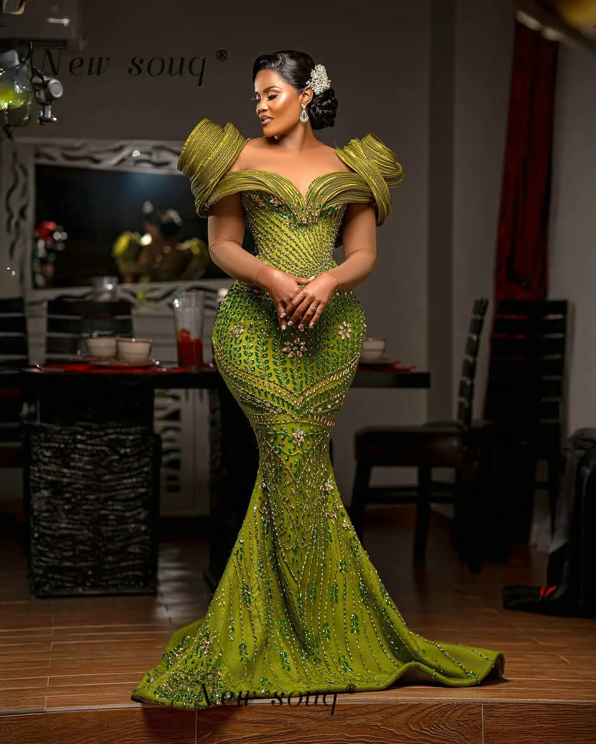 Aso Ebi Nigeria Zielone Sukienki Wieczorowe Dwuczęściowe na Imprezę, Luksusowe Kryształki, Koraliki, Suknie na Przyjęcie Weselne Plus Size, Szyte na Miarę